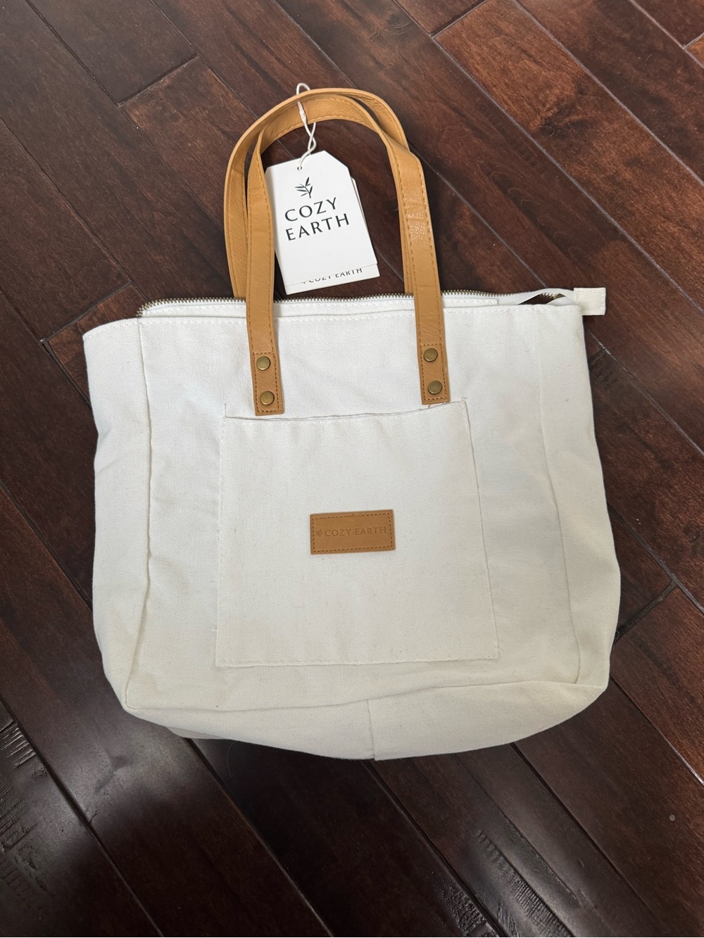 Cozy Earth Canvas Tote with Tan Leather Handles